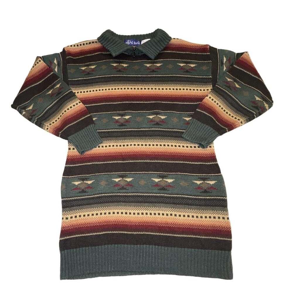 She Said Vintage 90s Southwestern Aztec Print Quarter-Zip Collared Sweater